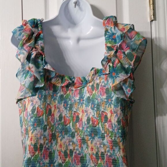 ASTR The Label Green Pink Blue Floral Smocked Dress Flutter Sleeve Sz XL NWOT - Picture 6 of 7